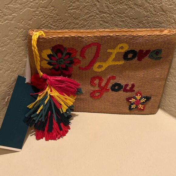 Guadalupe I Love You Embroidered Raffia Pouch Colorful Tip Top Clutch Beachy NWT - Picture 2 of 8
